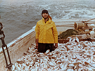 Jody on deck, in fish